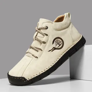 Men High Top Casual Shoes Microfiber Leather Retro Manual Stitching Outdoor Walking Boots Non Slip Rubber Sole Fashion Sneakers For Men