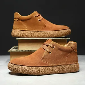 Retro Men Suede Leather Casual Shoes Mid Top Thick Sole Lace Up Breathable Wear Resistant Fashion Sneakers Daily Footwear