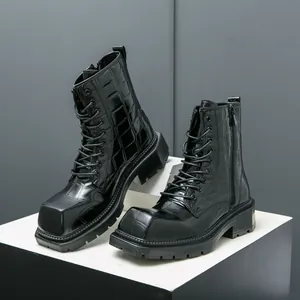Black crocodile pattern lace-up platform boots with square toe and side zipper
