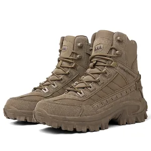 Detailed close-up of desert suede hiking boots with non-slip rubber soles and metal eyelets