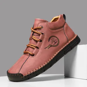 Brown high-top outdoor casual shoes with suede leather and rugged hand-stitched detailing