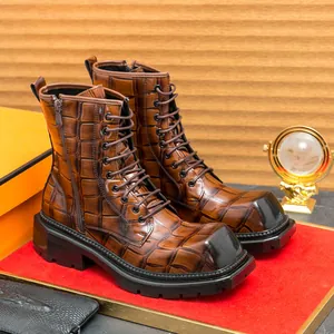 Men's brown crocodile embossed martin boots with lace-up style and thick rubber sole