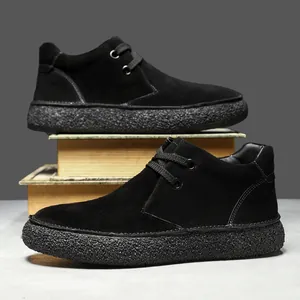 Men's retro black suede ankle boots with textured thick sole and lace-up design