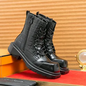 Black crocodile embossed leather martin boots with thick platform sole for men