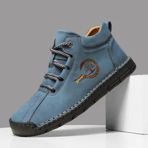 Men's high-top blue nubuck casual leather boots with durable rubber soles and stitching