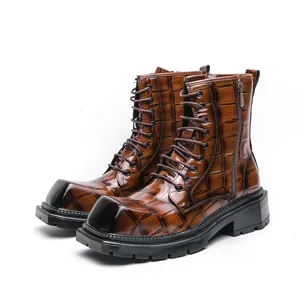 Men's brown crocodile embossed high-top martin boots with side zipper and rubber sole