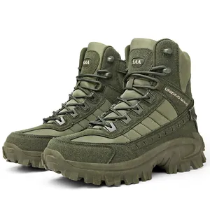Detail of army green high-top tactical boot with breathable mesh and rugged rubber sole