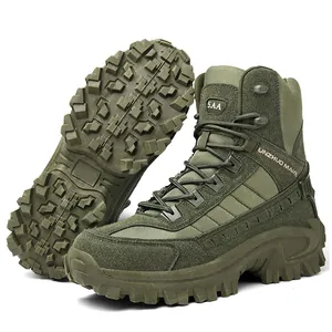Olive green high-top tactical hiking boots with non-slip deep tread soles for outdoor use