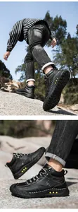 Detalle de botas outdoor de cuero negro con puntos amarillos decorativos y costuras