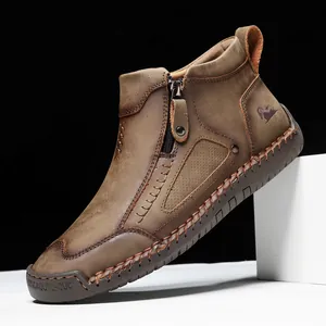 Herren Vintage Casual Mikrofaser Lederstiefel Mit Seitenreißverschluss Handgenähte Outdoor Stiefeletten Für Männer Modeschuhe