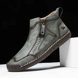 Herren Lederstiefel im Retro-Stil mit Reißverschluss und handgenähter Gummisohle in Grau