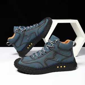 Botas altas de cuero azul retro para hombre con suelas de goma antideslizantes y cordones