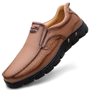 Chaussures de randonnée marron en cuir pour hommes avec semelle sport en caoutchouc