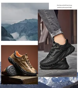Détail de la tige en cuir texturé et semelle en caoutchouc pour chaussures d'extérieur