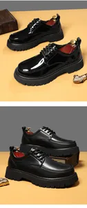 Detail of men's platform loafers showing glossy and matte black leather texture options