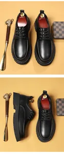 Detail view of men's black leather loafers with platform lug sole and red lining texture
