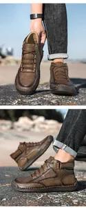 Detail von dunkelbraunen Outdoor-Lederstiefeln mit verstärkten Nähten und rutschfester Gummisohle