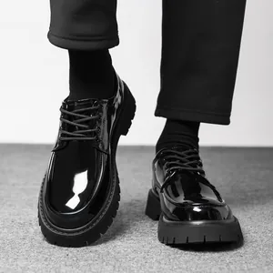 Men Thick Sole Casual Leather Shoes British Style Black Glossy Matte Derby Shoes Height Increasing Non-slip Formal Loafers