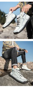 Detail von High-Top-Lederfreizeitschuhen mit Gummisohle und Outdoor-Wandern Lifestyle-Ansicht