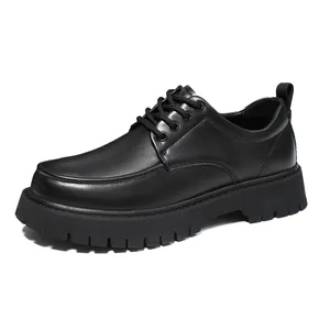 Classic black thick-sole leather loafers with round toe and chunky non-slip rubber outsole