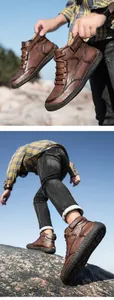 Details von dunkelbraunen Outdoor-Lederstiefeln mit Klettverschluss und Handnähten