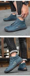Detail of dark blue high-top men's outdoor casual shoes with hand-stitched rubber soles