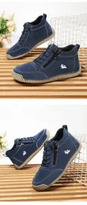 Detail von dunkelblauen halbhohen Schuhen mit Reißverschluss und weißen Kontrastnähten