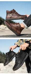 Detail der handgenähten Leder-Oberfläche und Gummisohle an Outdoor-Herrenstiefeln