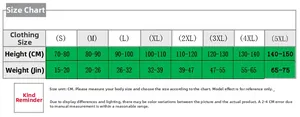 Detailed size chart for kids buoyancy swimsuit showing height and weight for S to 5XL sizes