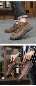Detail of leather work boots showing durable hand-stitched seams and rugged outdoor texture