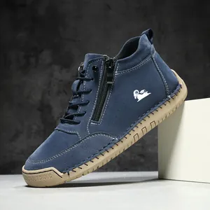 Damen Herren Lässige Stiefeletten Mikrofaser-Leder Mit Seitenreißverschluss Schnürung Handgenäht Gummisohle Flach Retro Mode Kurze Stiefel