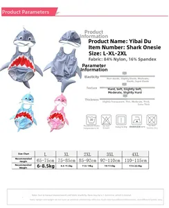 Tabella taglie per costume da bagno bimbo squalo con guida alle misure e tessuti