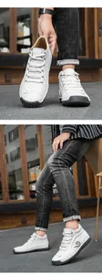 Detail of white leather men's shoe with chunky rope laces and grey rubber sole