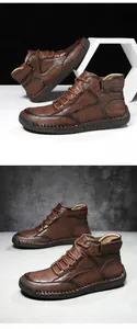 Detailansicht der handgenähten Nähte an braunen Leder-High-Top-Freizeitschuhen für Herren