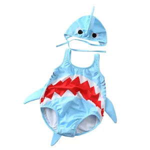 Costume da bagno squalo blu per neonati con pinne 3D e cuffia coordinata