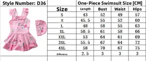 Size chart table for girls one-piece swimsuit including length, chest, waist and hips