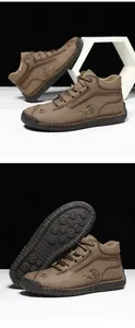 Detail shot of men high-top leather boots with visible stitching and anti-slip rubber sole