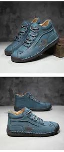 Detail of blue suede high-top casual shoes with durable hand-stitched seams and side logo