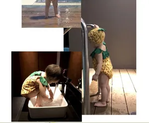 Gele ananas badpakset voor kinderen met groene ruches en bijpassende getextureerde badmuts