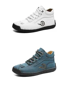 Macro detail of casual high-top men shoes with hand-stitched soles and sport logo