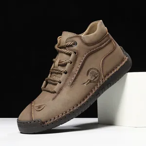Men High Top Casual Shoes Microfiber Leather Hand-stitched Anti-slip Rubber Sole Outdoor Fashion British Style Sneakers Boots