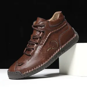 Brown leather high-top men's casual shoes with hand-stitched details and rubber sole