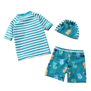 Maillot de bain 3 pièces pour garçon avec rayures bleues et motifs de dinosaures