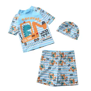 Maillot de bain trois pièces pour garçon avec imprimé dinosaure et pelleteuse rayé