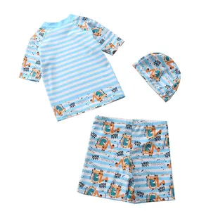 Maillot de bain trois pièces pour garçon avec imprimé dinosaure, short et bonnet