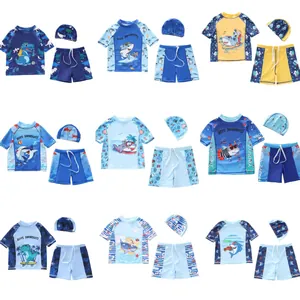Jongens Cartoon Haai Dinosauriër Zwempak Korte Mouw Top Broek Hoed Zwemkleding Voor Kinderen Strand Zwembad Sneldrogend Zonbescherming