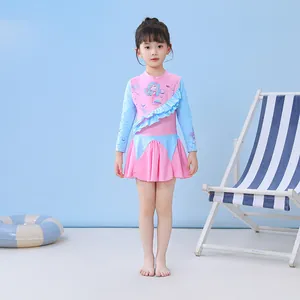 Maillot de bain une pièce à manches longues pour filles avec imprimé sirène rose et bleu