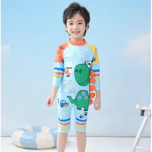 Kinder Einteiler Langarm-Badeanzug in Hellblau mit coolem Cartoon-Dinosaurier-Print