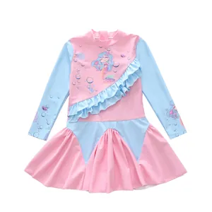 Maillot de bain fille manches longues avec jupe à volants et motif sirène