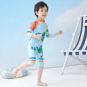 Jungen Einteiler Langarm-Badeanzug mit hellblauem Dinosaurier-Print und orangefarbenen Akzenten